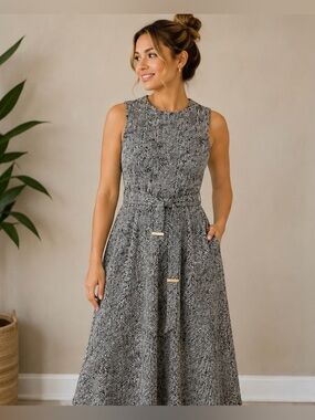 Calvin Klein Belted Midi Dress Black White Size 4